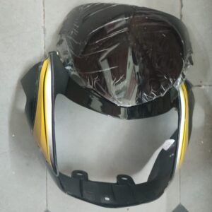 Tvs star city headlight visor mask fairing with yellow sticker mounted on motorcycle
